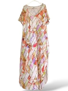 It'S T-Shirt Maxi Dress Geometric Stained Glass Pockets Vneck Pink Orange green